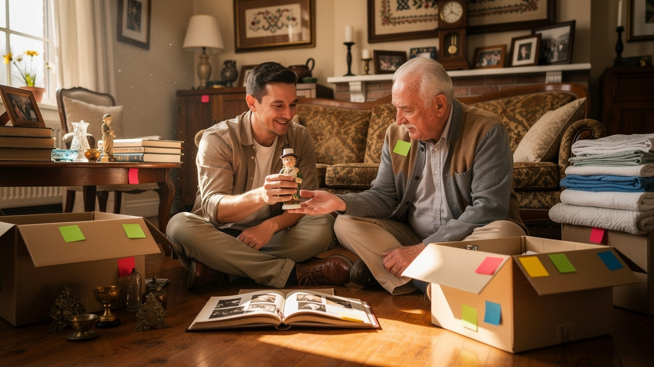 Father and son calmly sorting through decades of belongings together