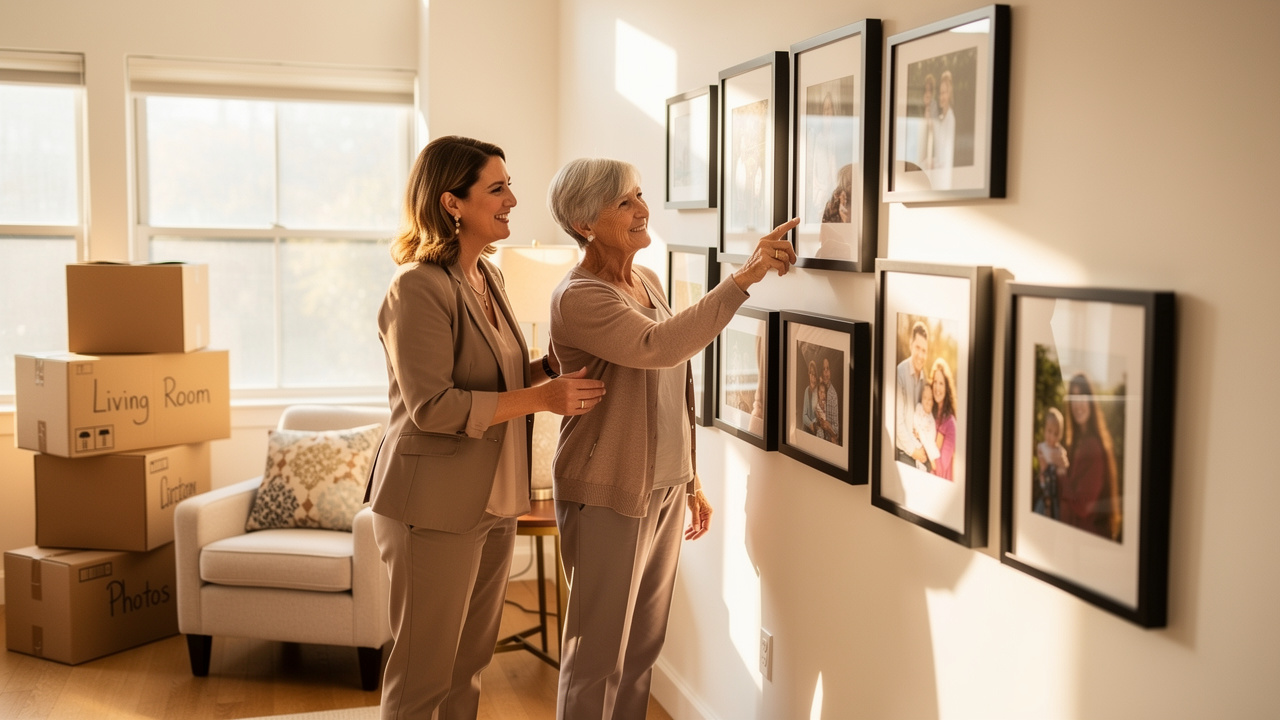 Senior move manager helping elderly woman settle into her new home