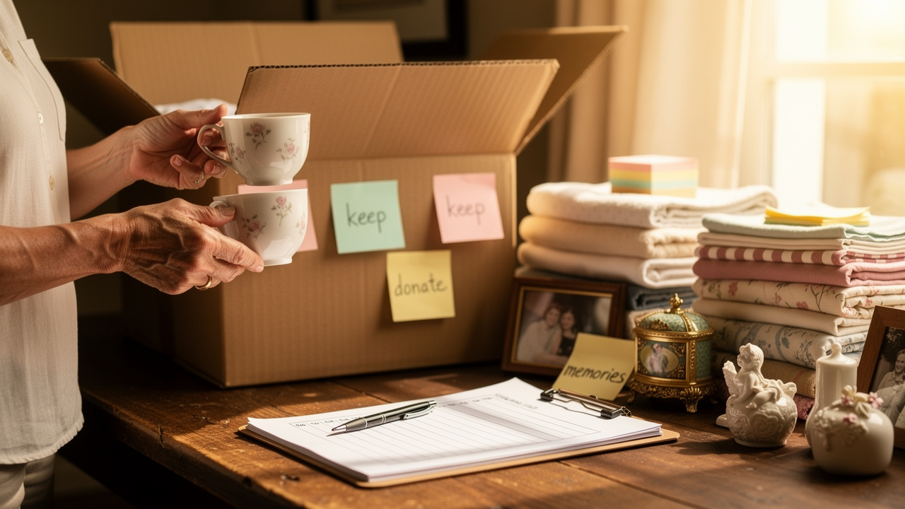 Woman carefully sorting household items before an estate sale