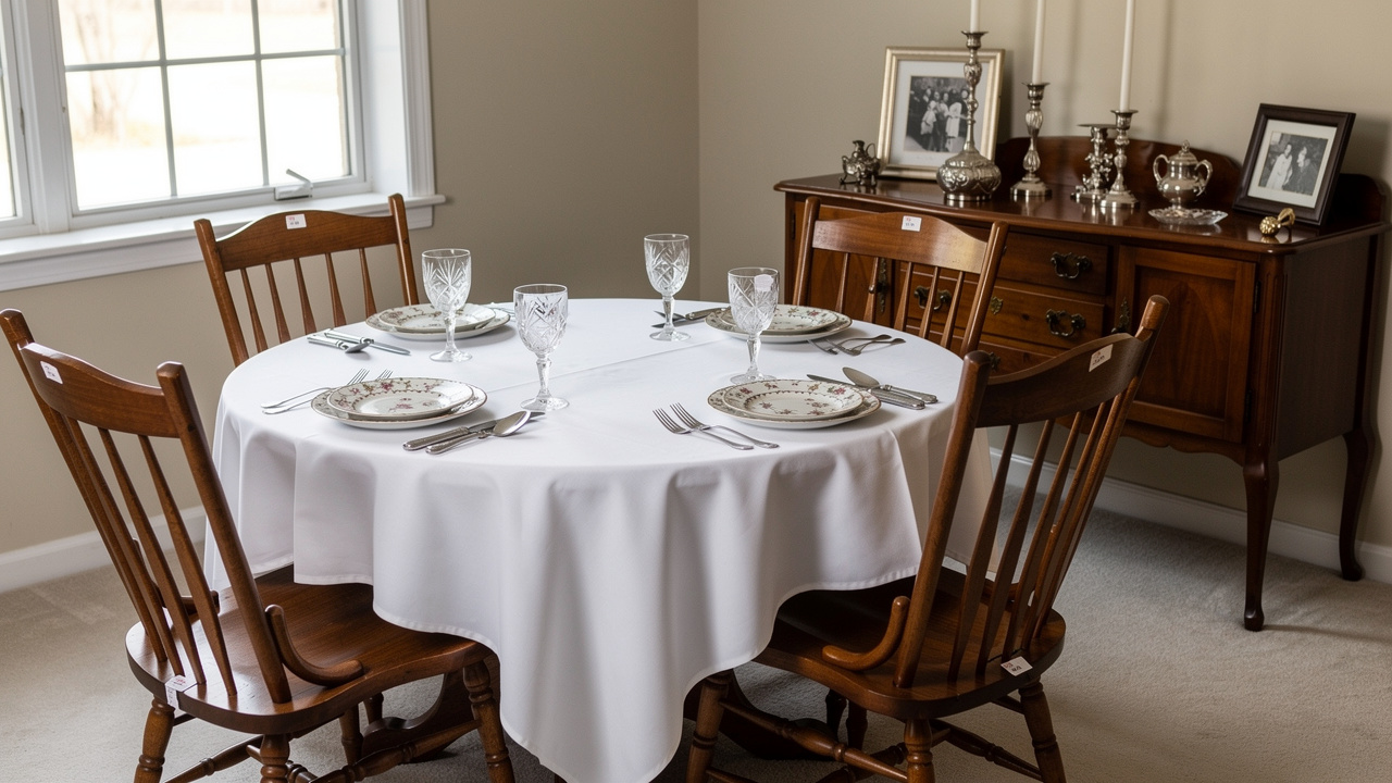 Staged dining room with vintage china and silverware for sale