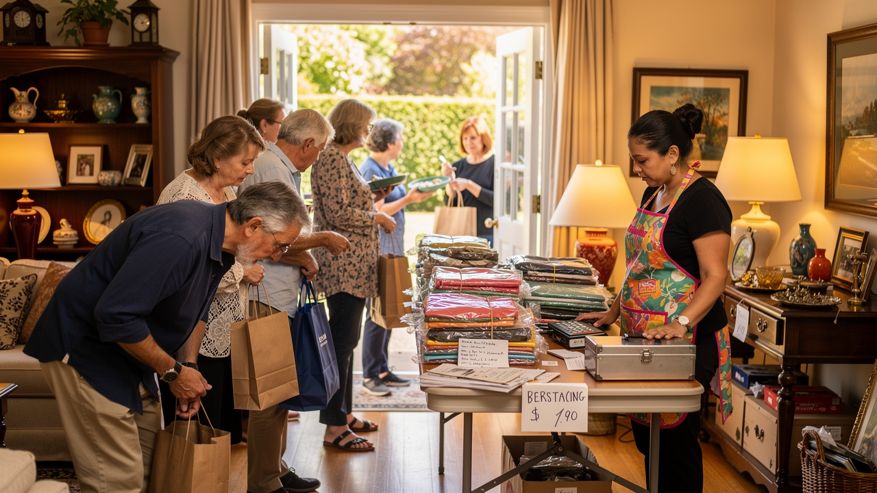 Shoppers browsing items during a busy estate sale event