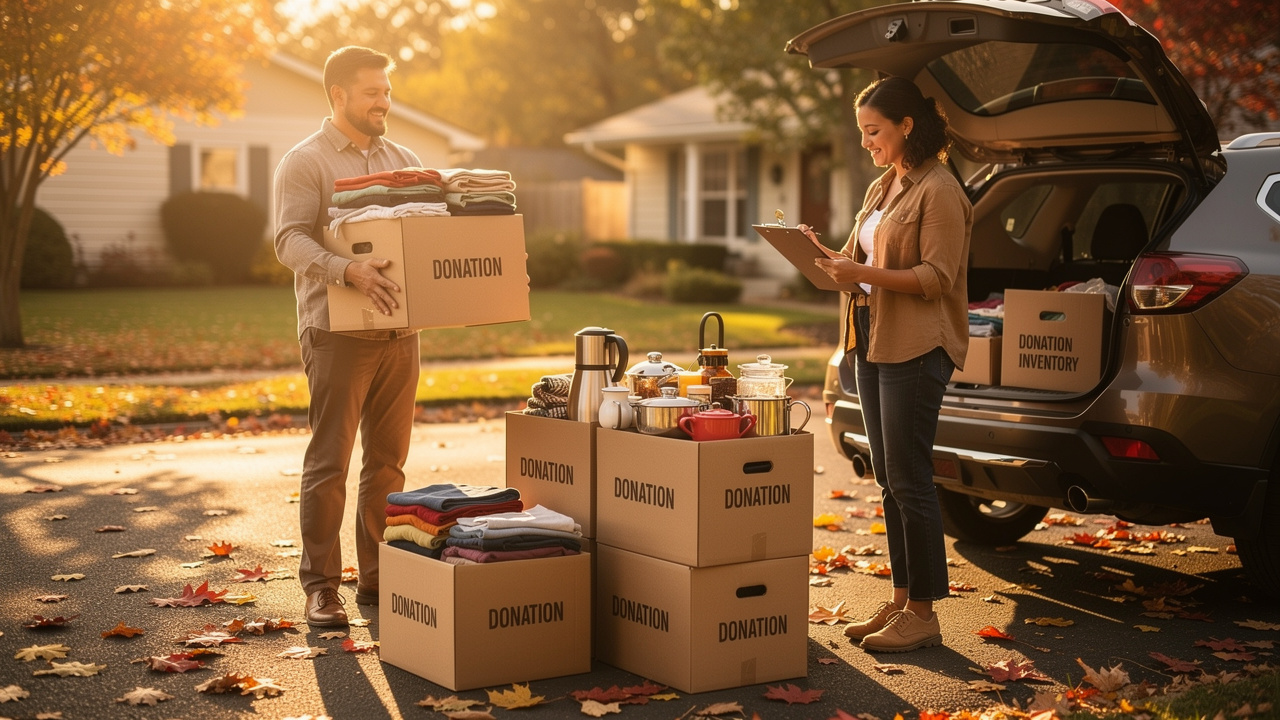 Donation boxes being loaded into car after estate sale ends