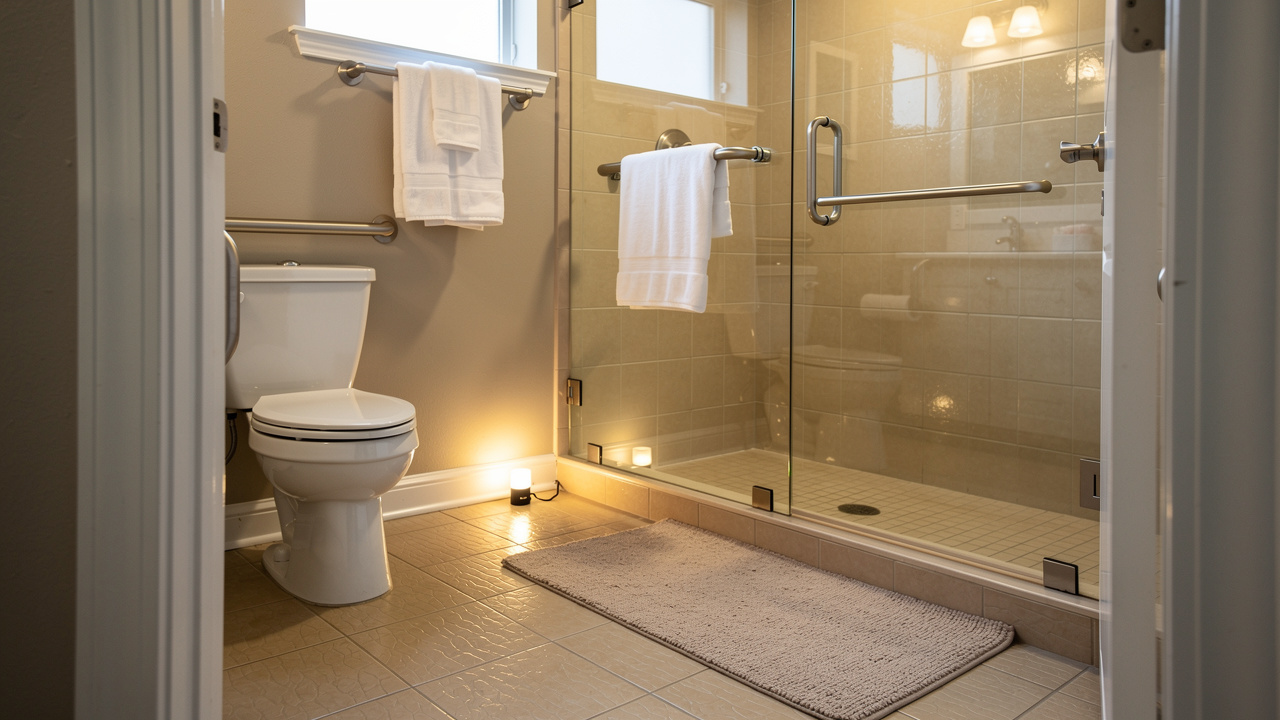 Accessible bathroom with grab bars and walk-in shower