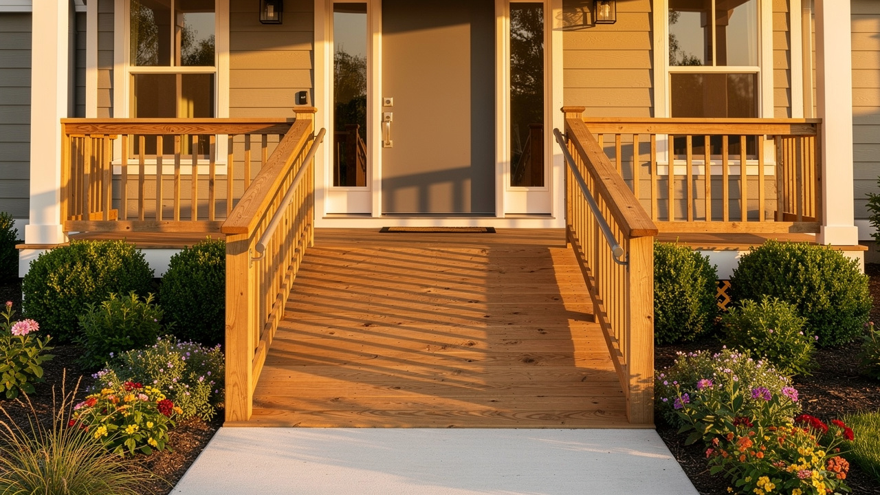 Home entrance ramp with handrails for senior accessibility