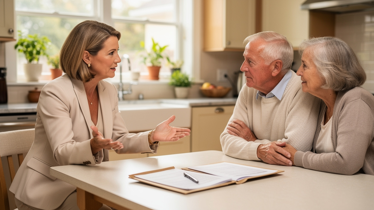 Real estate agent consulting with senior couple at home