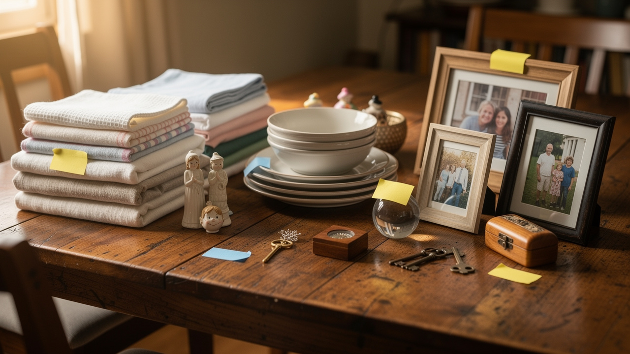 Sorted household belongings organized on table during downsizing