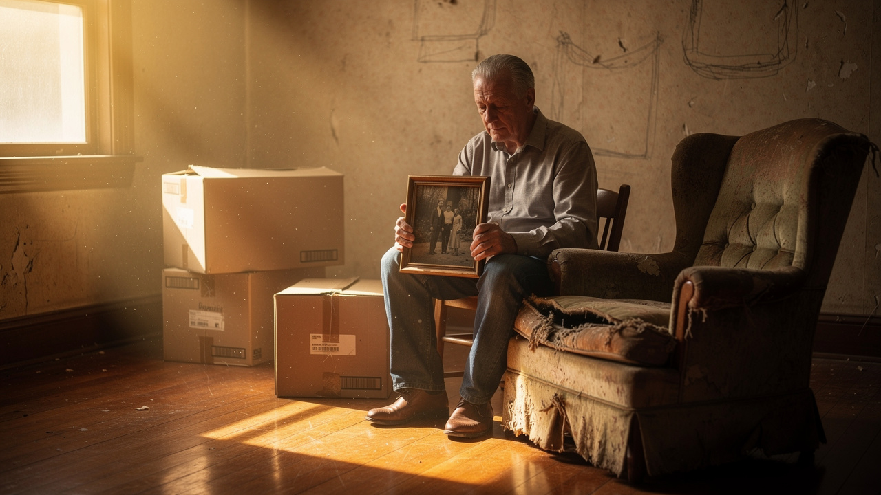 Elderly man reflecting with old photo in empty living room