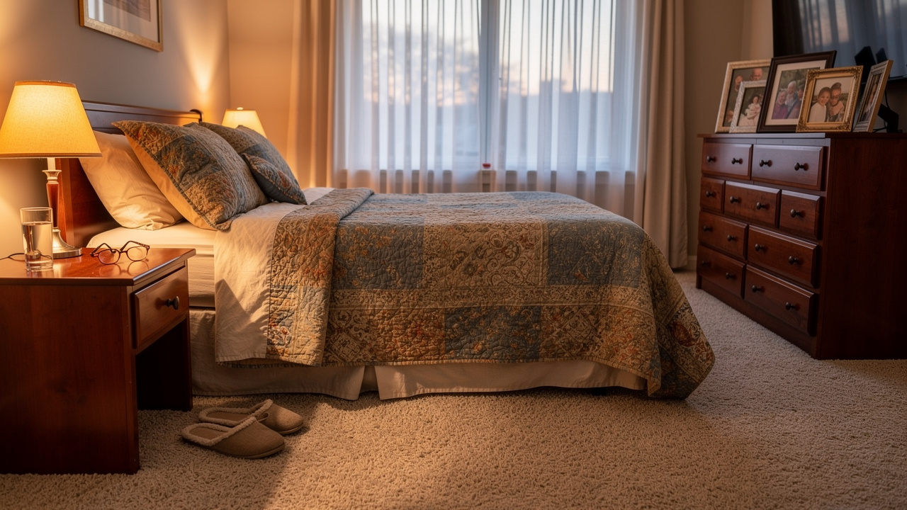 Cozy senior bedroom newly settled after moving transition