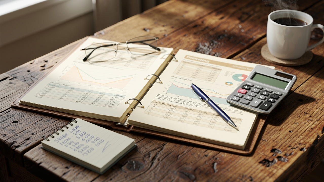 Financial planning documents and budget notes on wooden table