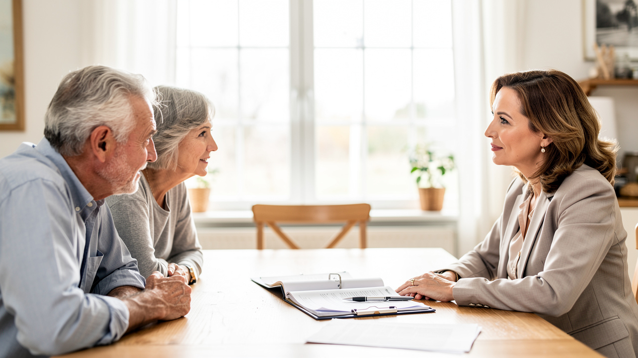 Real estate advisor meeting with elderly couple about home sale