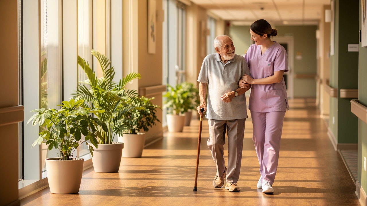 Caregiver assisting elderly resident walking through bright hallway