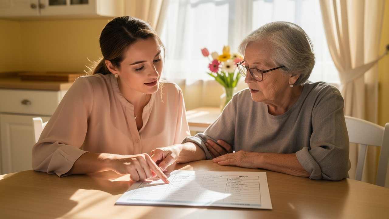 Adult daughter reviewing senior living checklist with elderly mother