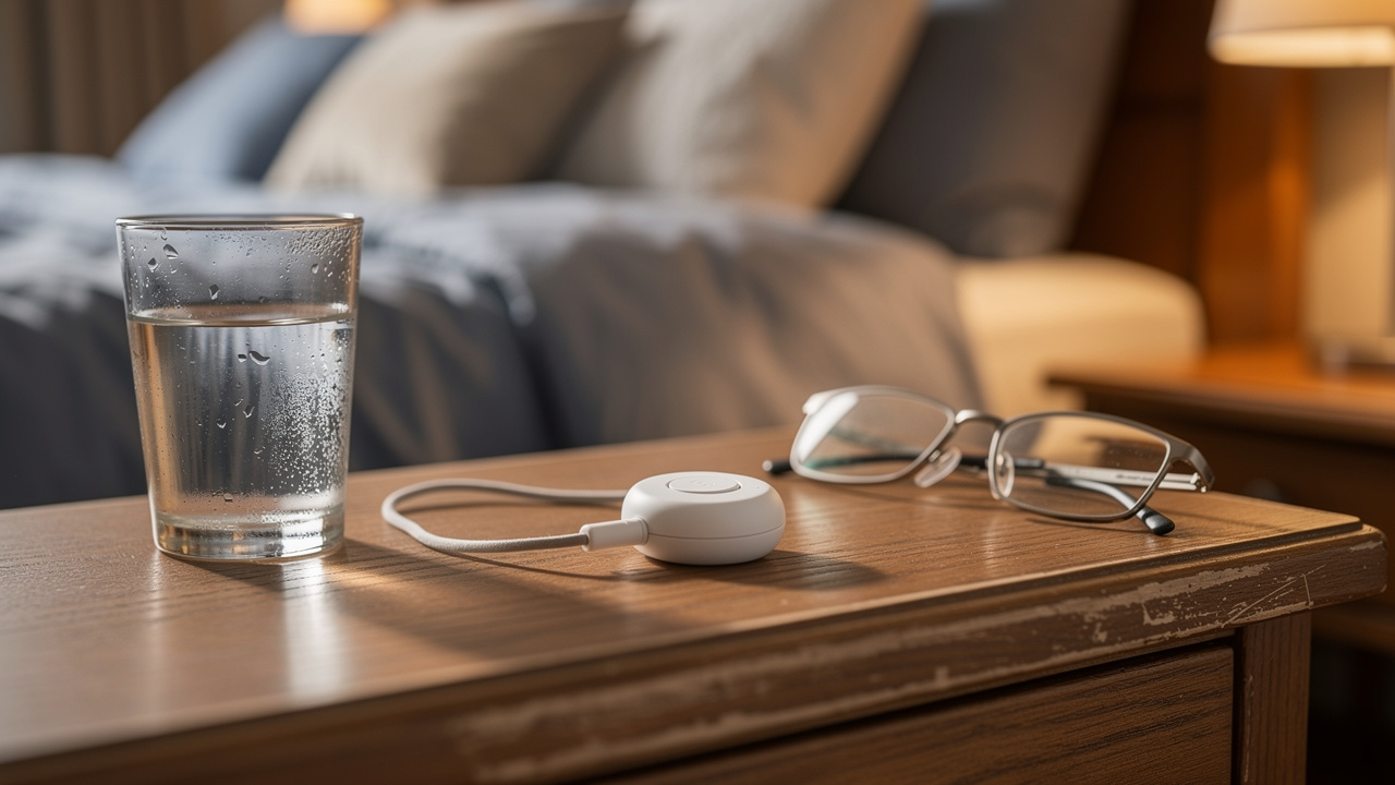 Medical alert wearable device on elderly person's nightstand