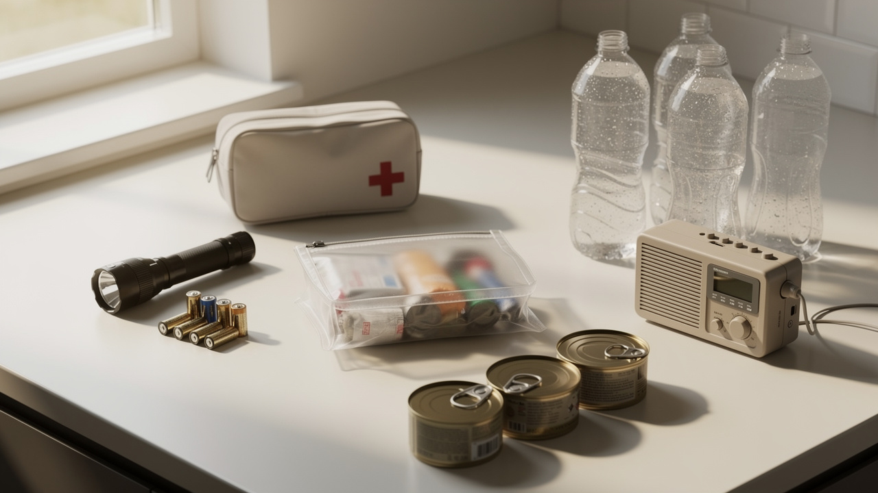 Basic emergency preparedness kit laid out on a kitchen counter