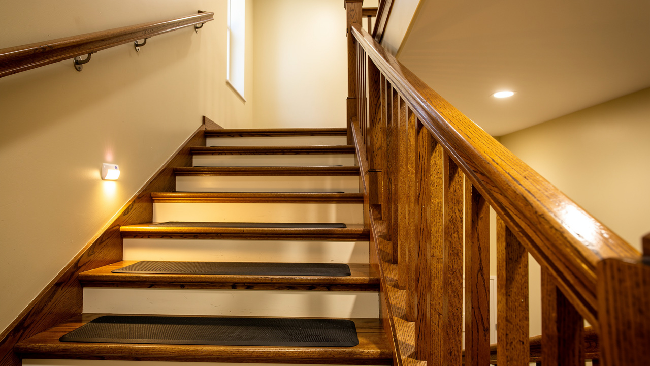 Well-lit staircase with double handrails for senior safety