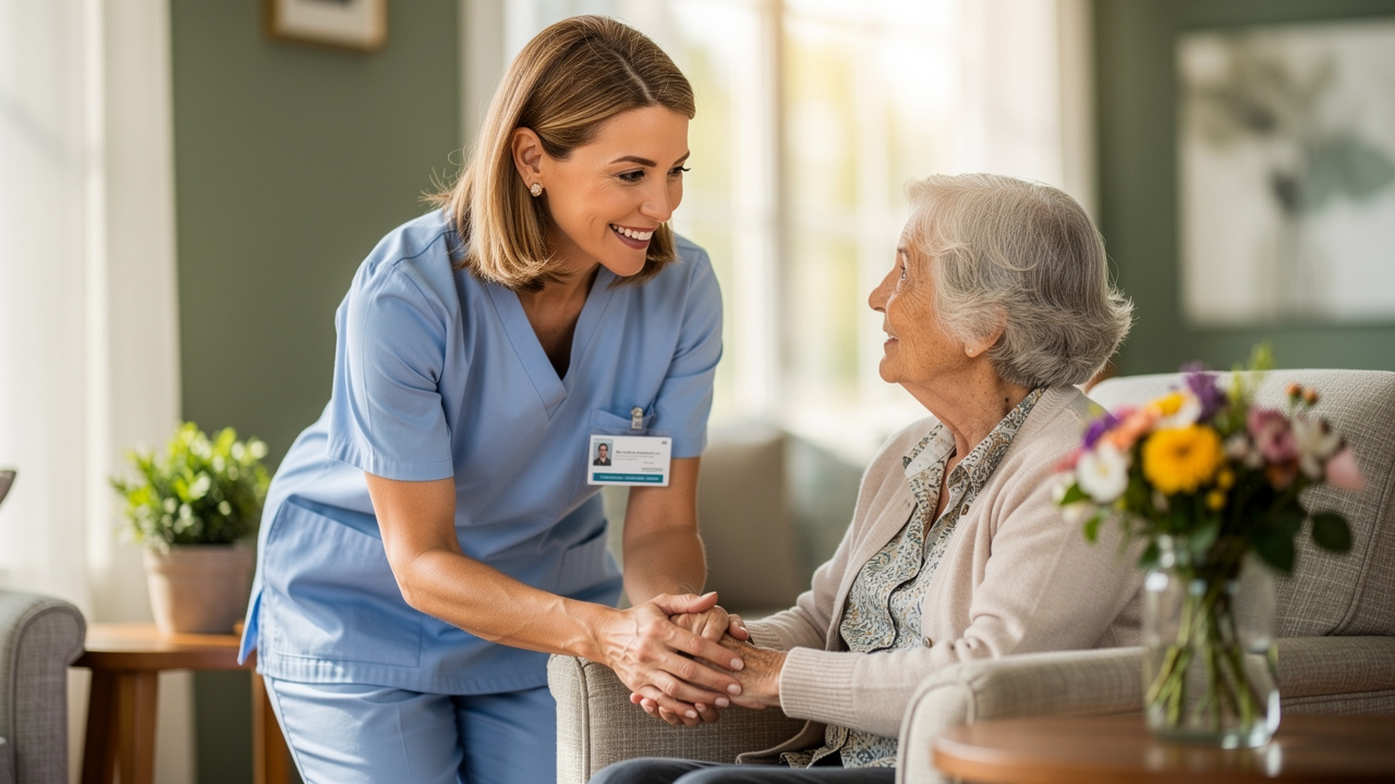 Caregiver helping elderly woman in assisted living facility