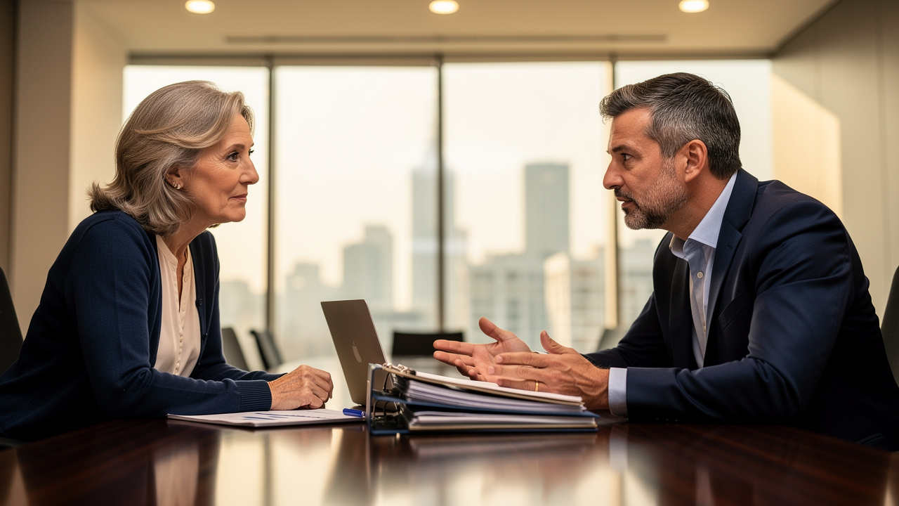 Senior woman consulting financial advisor about care options