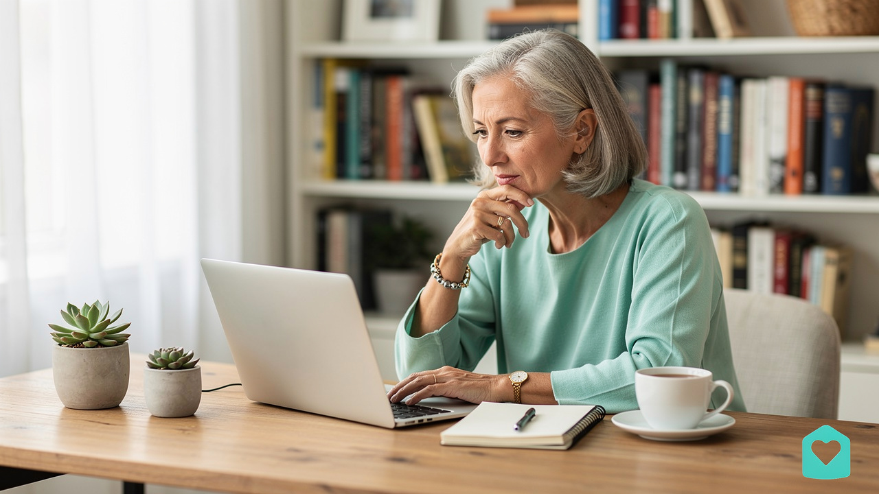Senior woman thoughtfully completing a downsizing readiness self-assessment online