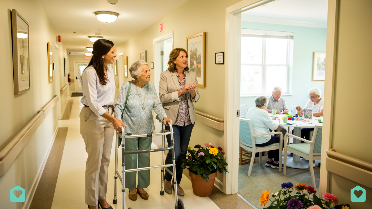Family touring a senior living community with an administrator guide