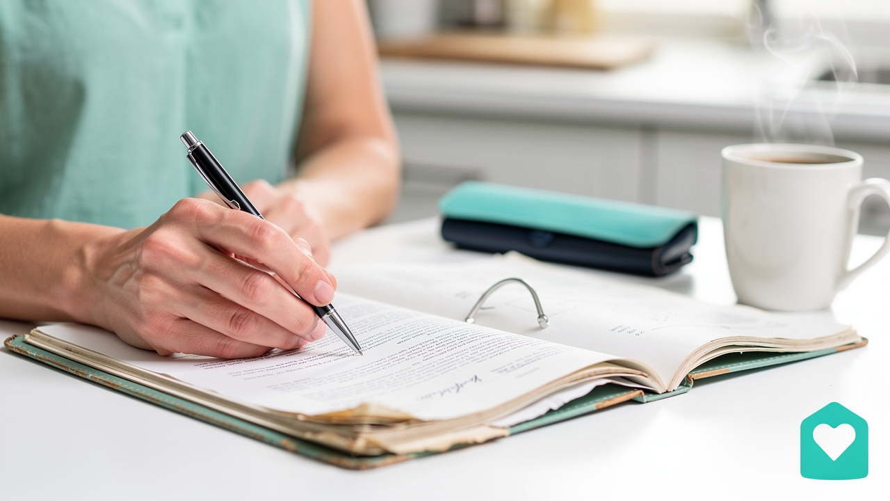 Family reviewing senior care cost documents on kitchen table
