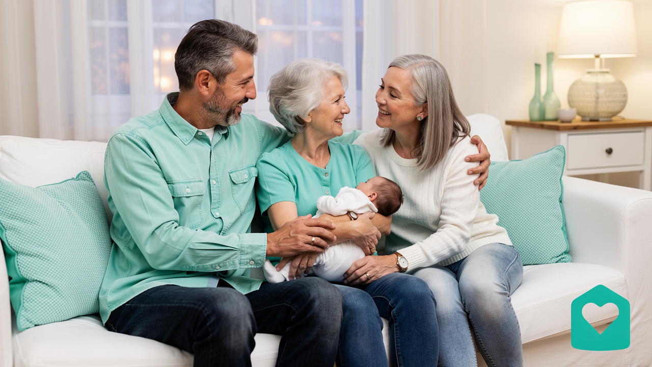 Multigenerational family sharing a calm conversation about senior living decisions