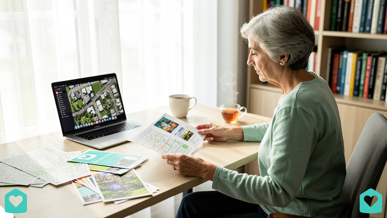 Senior woman calmly researching retirement relocation options at home