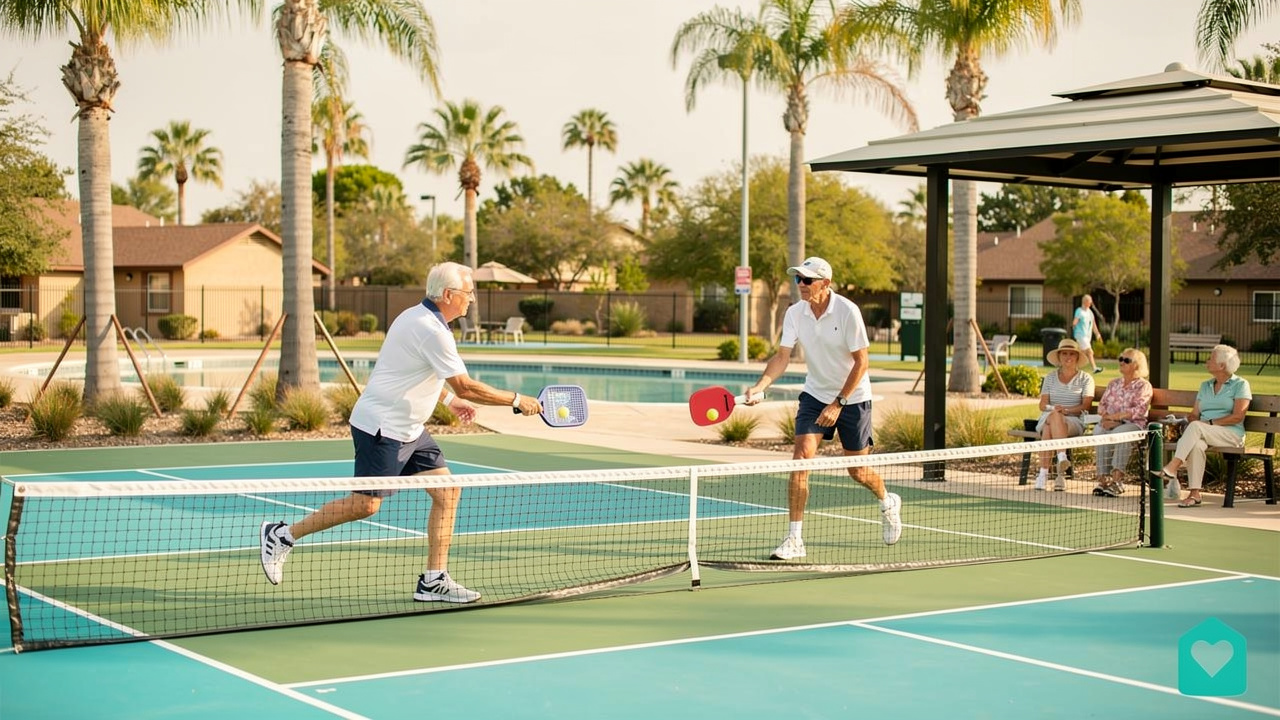 Retirees playing pickleball at a sunny Sun Belt community