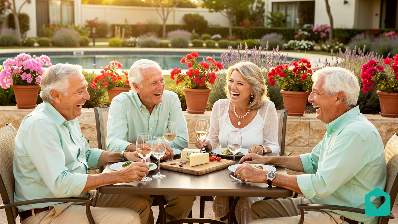Active retirees sharing a meal and laughing at a community patio