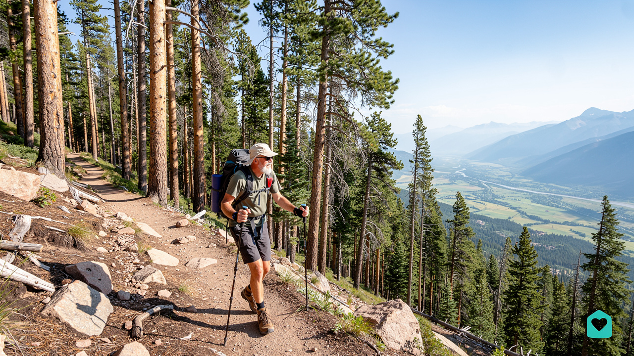 Active senior man hiking a Colorado mountain trail in summer