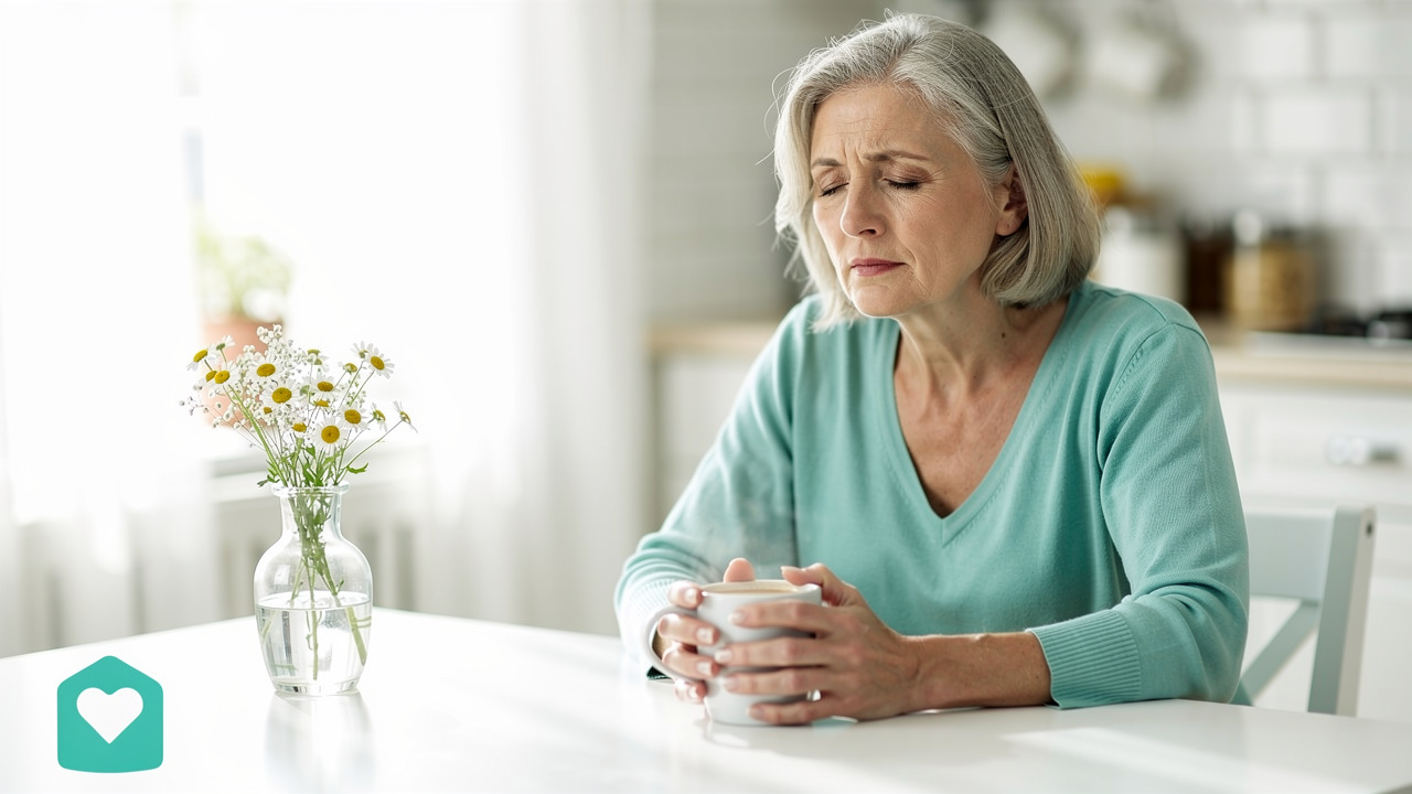 Caregiver resting quietly at kitchen table with coffee