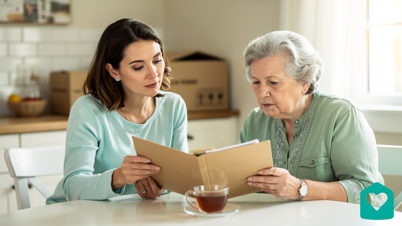 Daughter and elderly mother reviewing paperwork during home transition