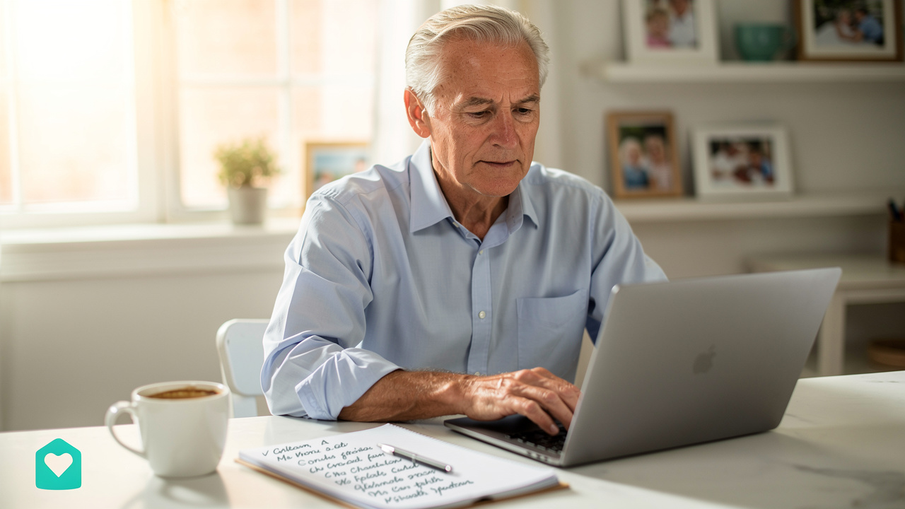 Senior man researching estate lawyers on laptop at kitchen table