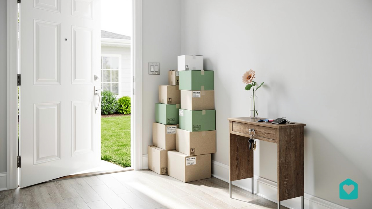 Bright home entryway with moving boxes and house keys during downsizing