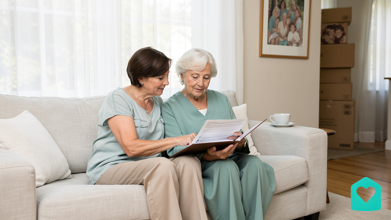 Mother and adult daughter reviewing estate plan documents at home