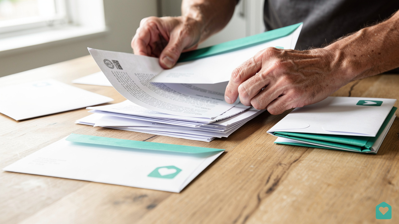 Hands carefully sorting estate documents on a kitchen table