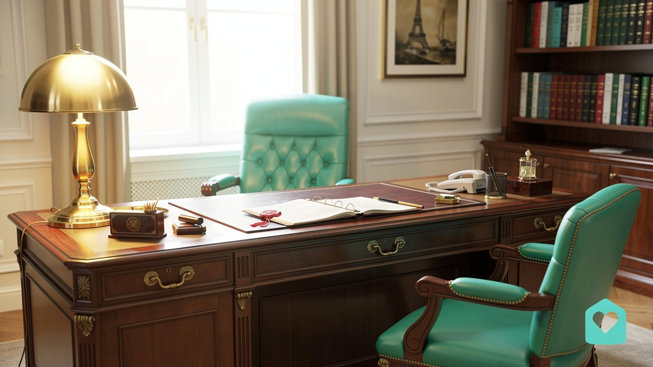 Warm probate attorney office with legal documents and bookshelves