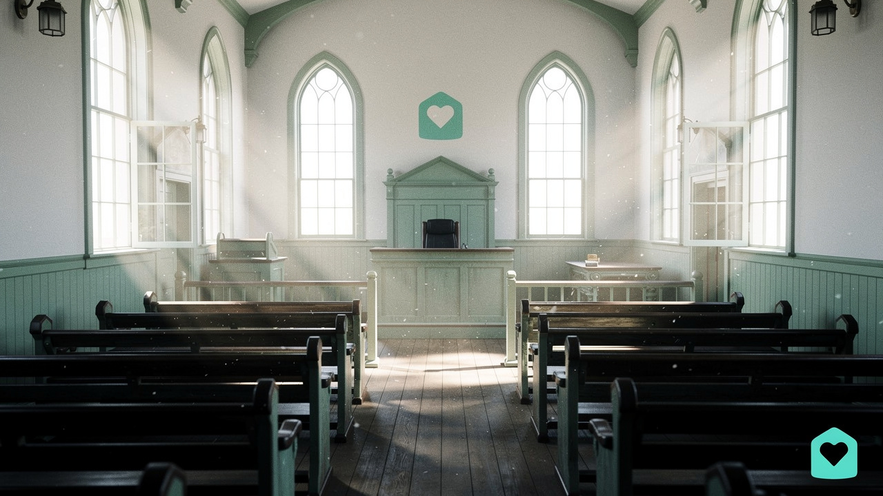 Empty courtroom interior with wooden benches and light