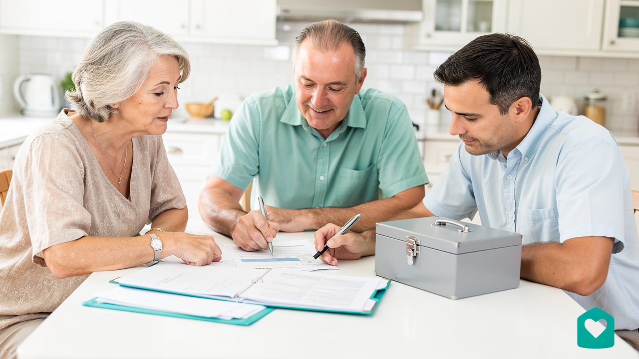 Family reviewing estate documents together at kitchen table