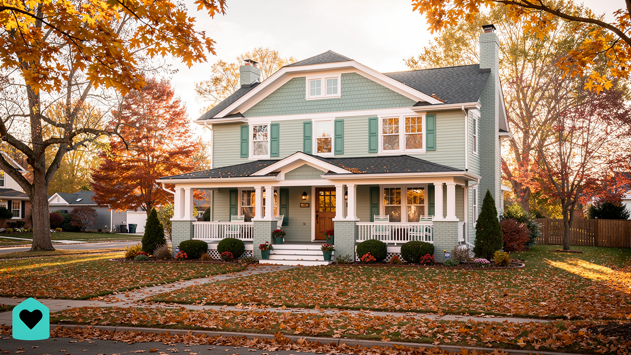 Classic family home on quiet tree-lined street in autumn