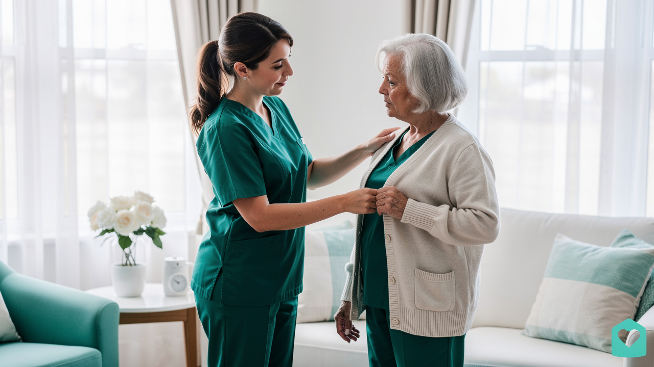 Caregiver gently helping elderly woman in assisted living room