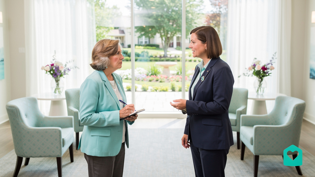 Family member taking notes during senior living community tour
