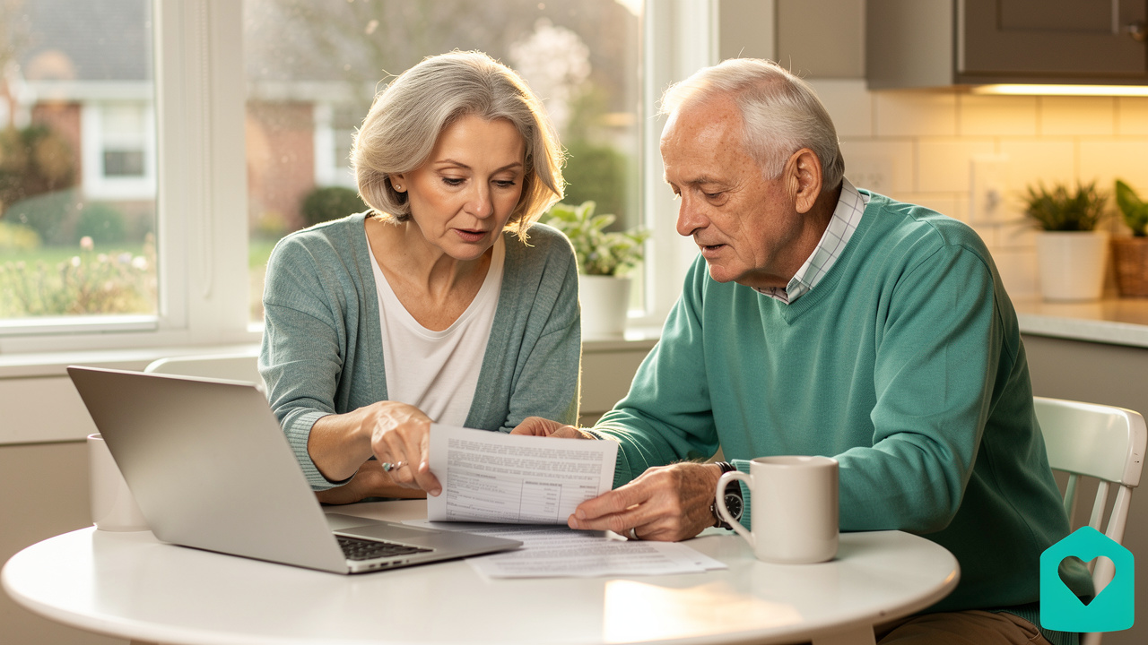Adult daughter and elderly father reviewing senior living contract