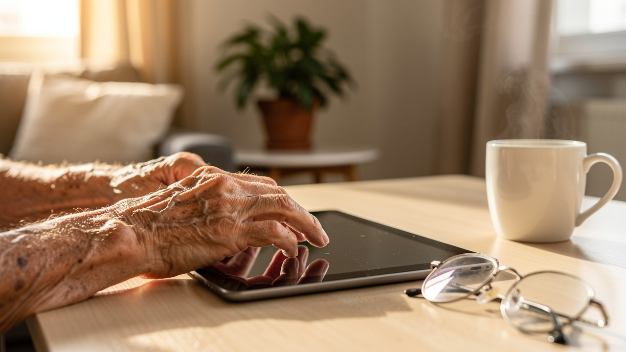 Elderly hands searching for senior real estate agents online