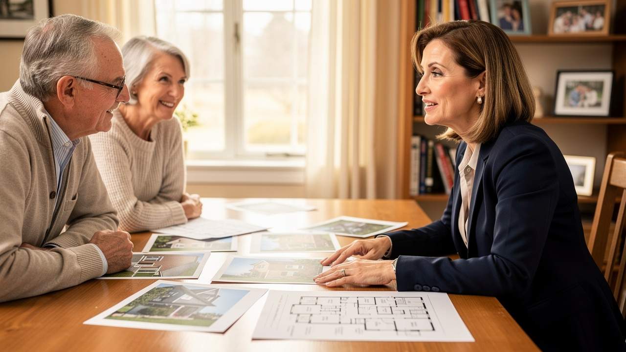 Real estate agent attentively meeting with senior couple at home