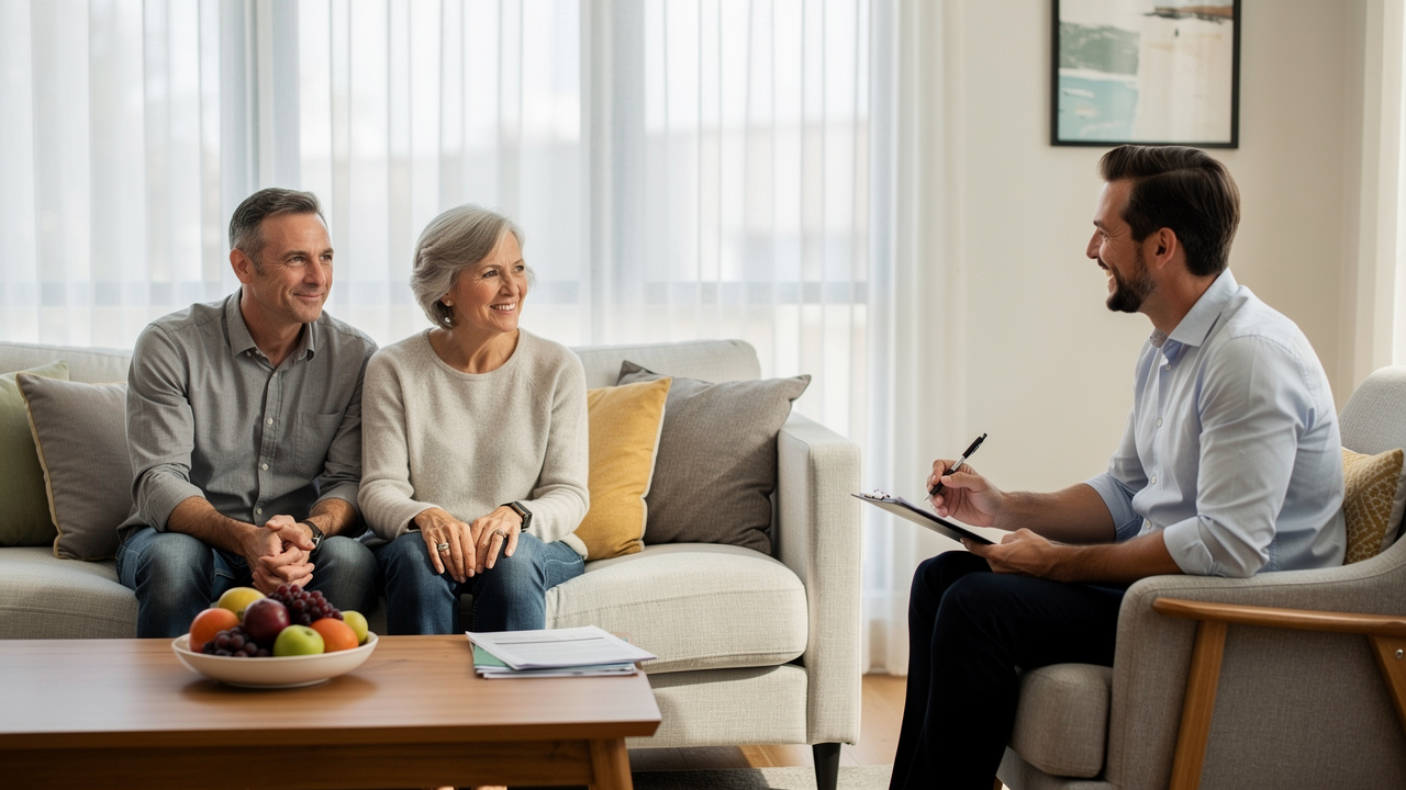Senior woman and adult children meeting with real estate agent