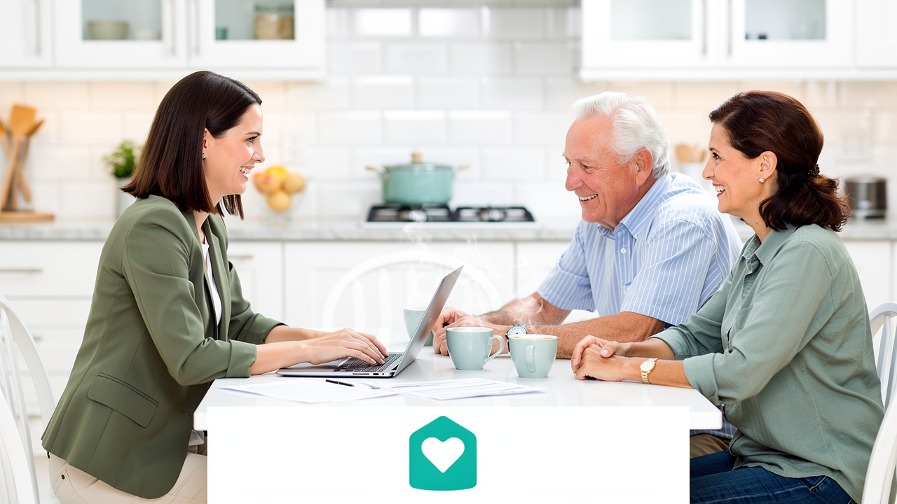 Real estate agent consulting with senior couple at home
