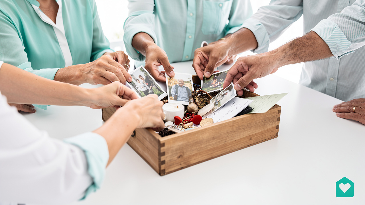 Hands sorting family photographs while downsizing home
