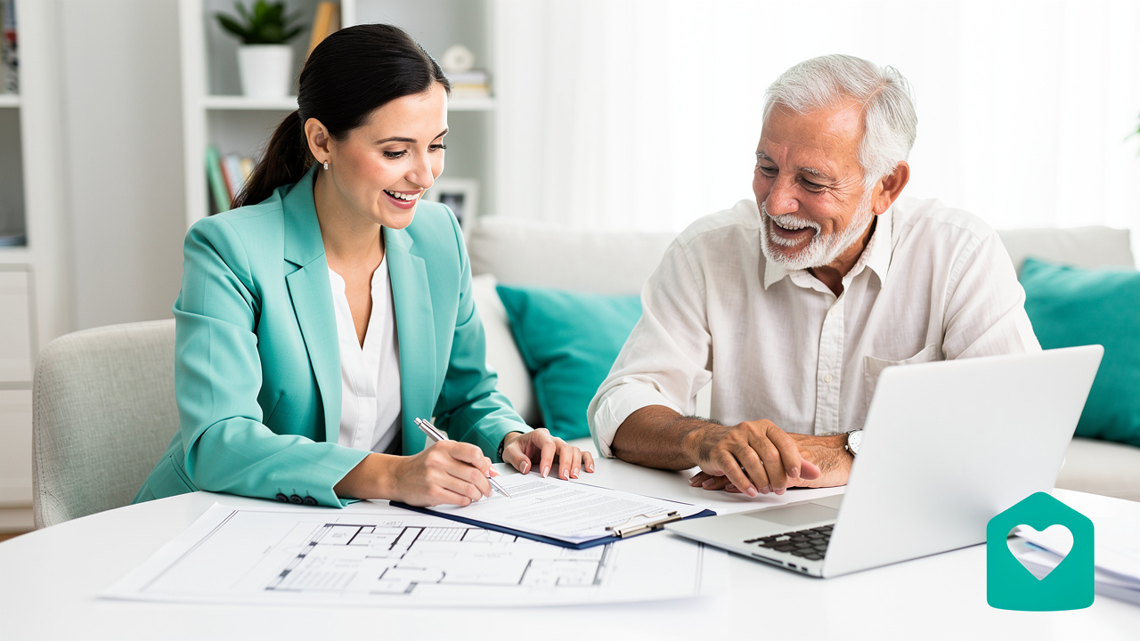 Move manager consulting with couple downsizing home