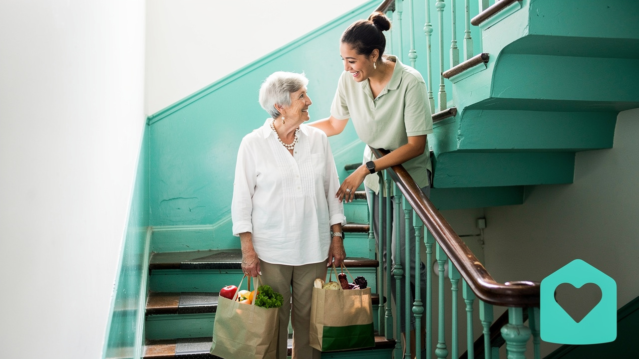 Senior woman facing walk-up stairs in New York