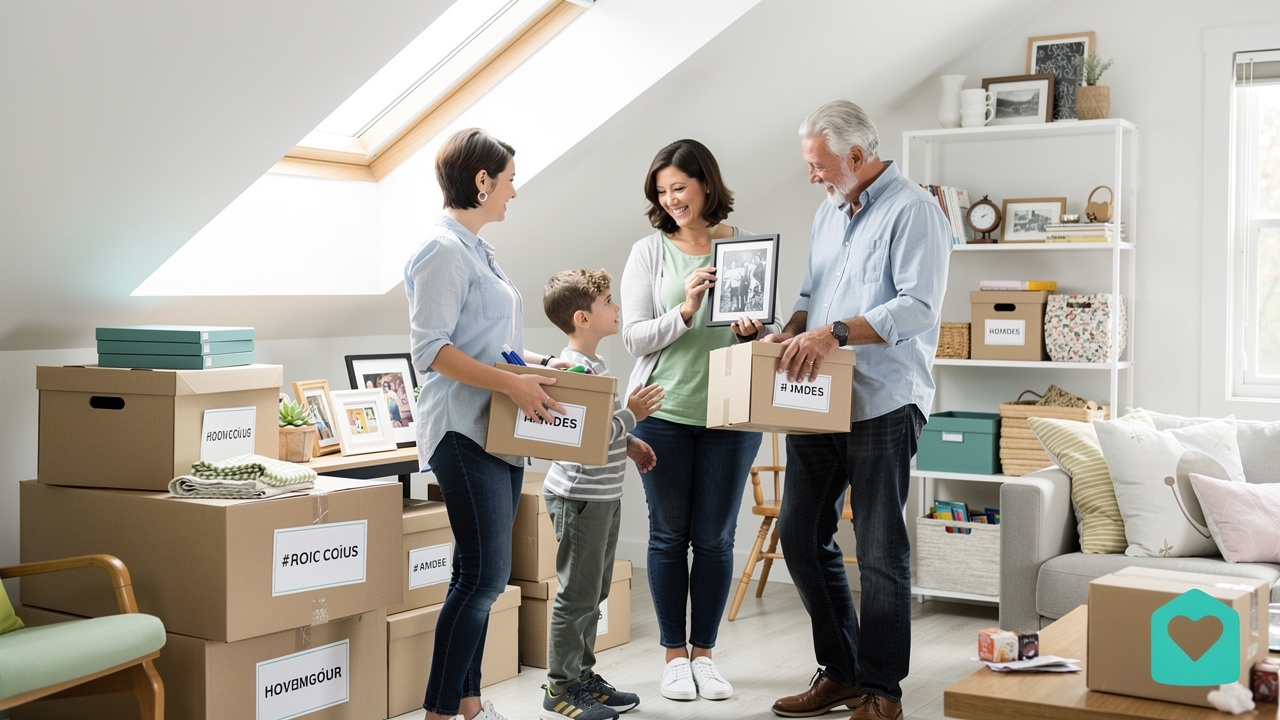 Family sorting keepsakes while downsizing family home